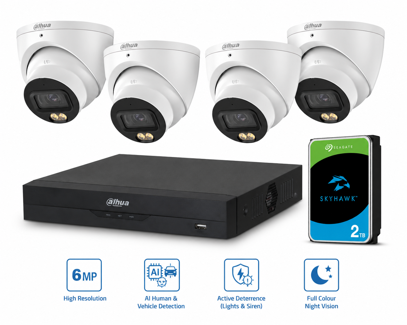Dahua 4 Camera 5MP WizColor AI PoE CCTV Security System with 2TB HDD