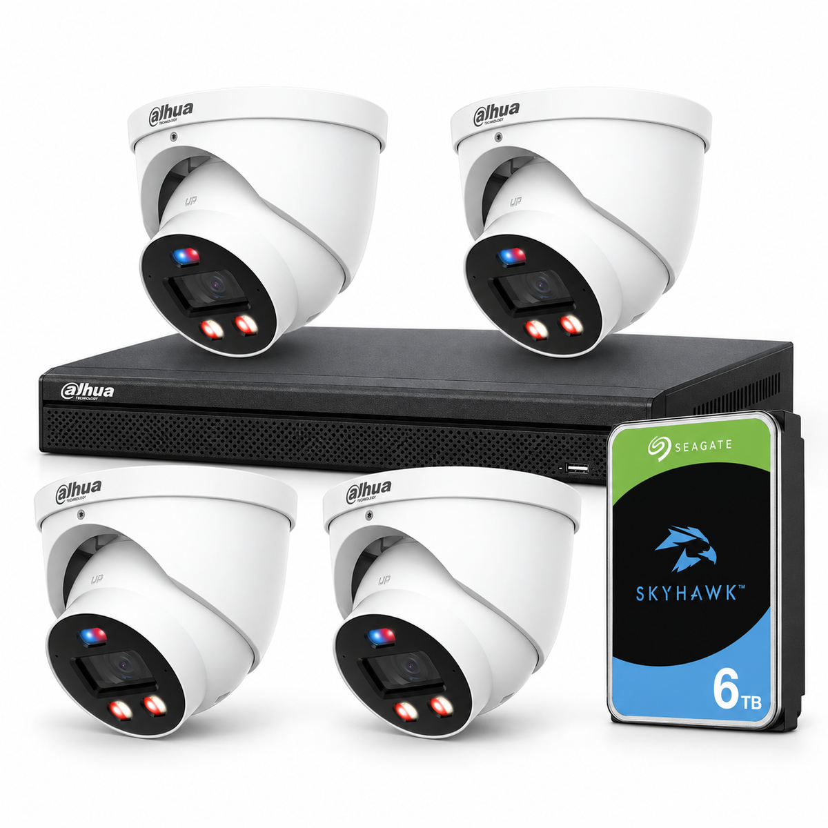 Dahua 8MP TiOC Pro CCTV kit with four cameras, AI PoE NVR and 6TB SkyHawk hard drive