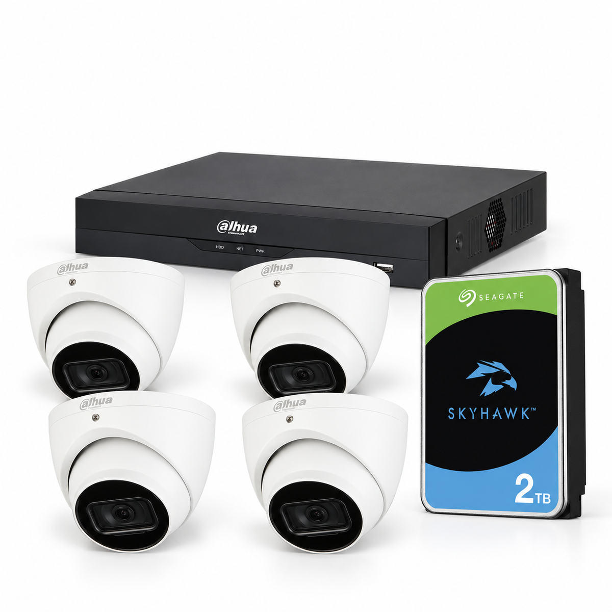 Dahua Essential 5MP CCTV kit with four cameras, PoE NVR and 2TB SkyHawk hard drive