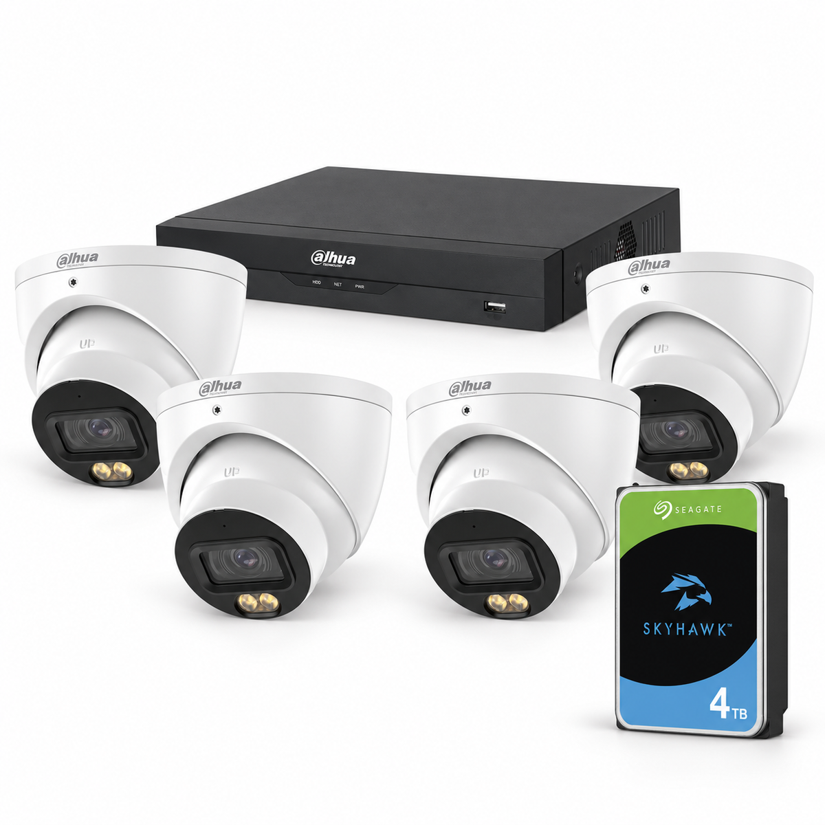 Dahua 5MP WizColor CCTV kit with four cameras, PoE NVR and 4TB SkyHawk hard drive
